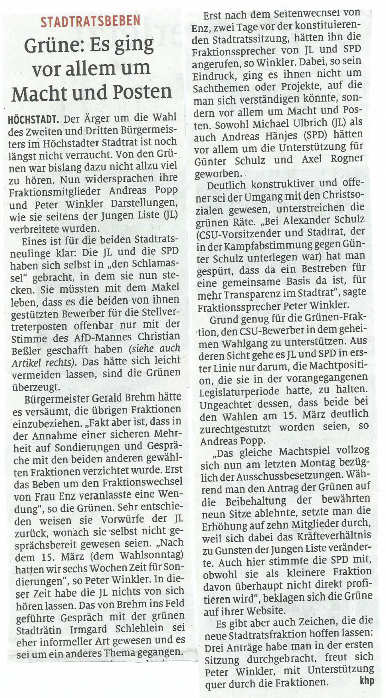 Pressebericht der Grünen Stadtratsfraktion nach den Ereignissen um die Wahlen der 2. und 3. Bürgermeister am 21.5.2020 in der NN